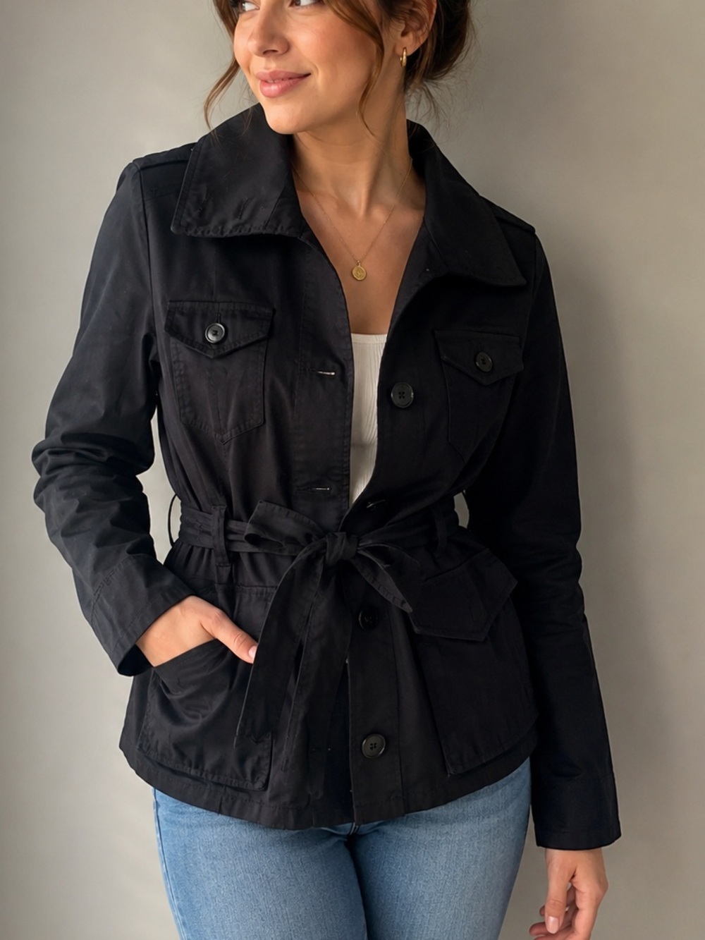 H&M Black Belted Utility Jacket | Cotton Stretch | Size 8 (CA 8 / EUR 38)